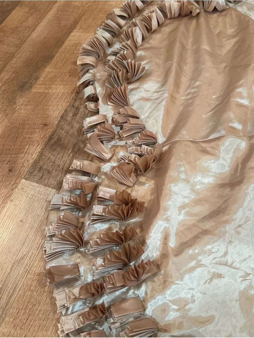 Vintage Gold Satin Christmas Tree Skirt 50” Ruffled Fringe Trim Shabby Chic